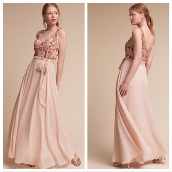 BHLDN Kiera Chiffon Beaded Floral Gown Dress in Blush Pink Size 4 - Picture 1 of 9